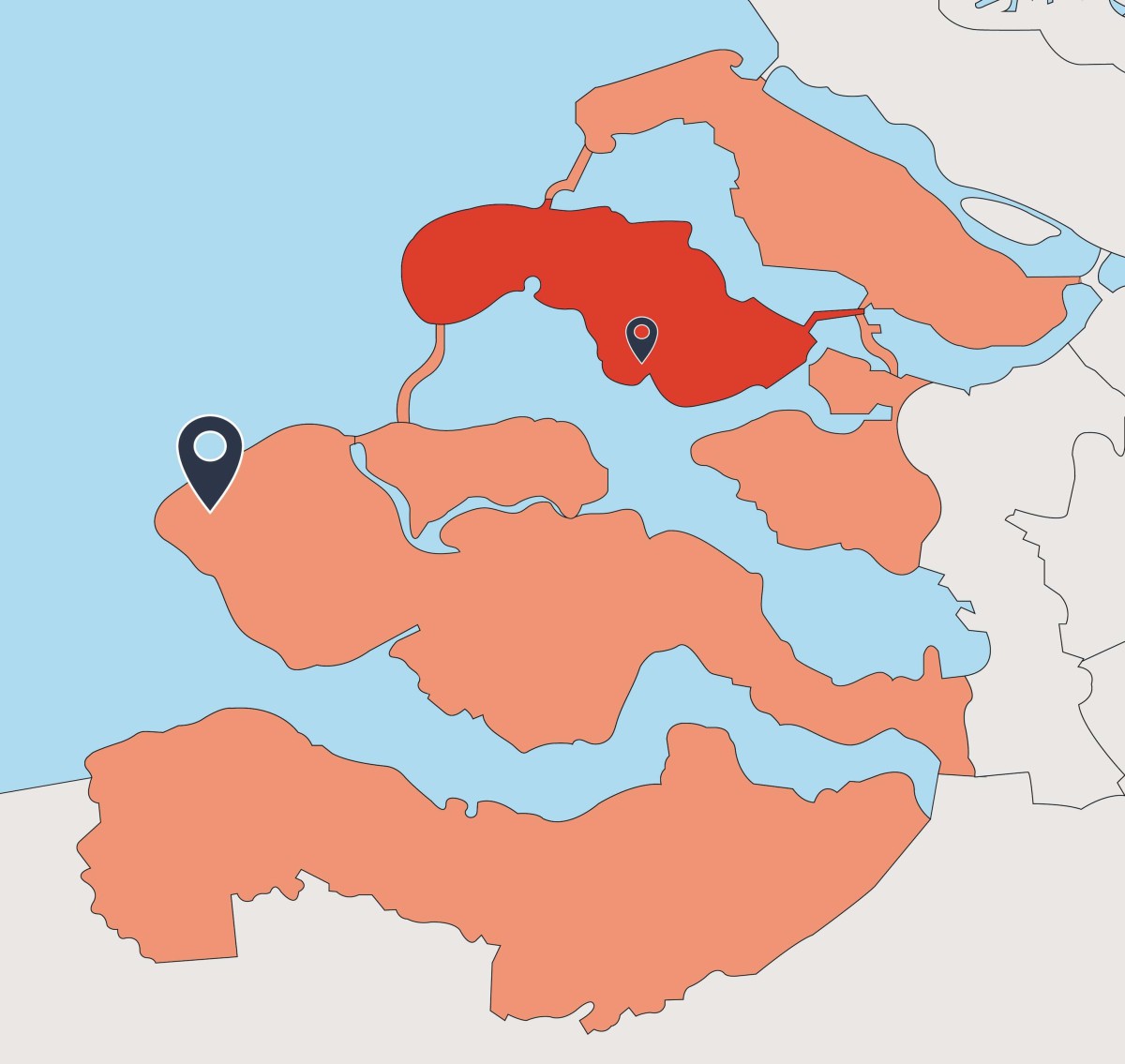 kaart van reparatieservice gebied in Zeeland met schouwen-duiveland uitgelicht